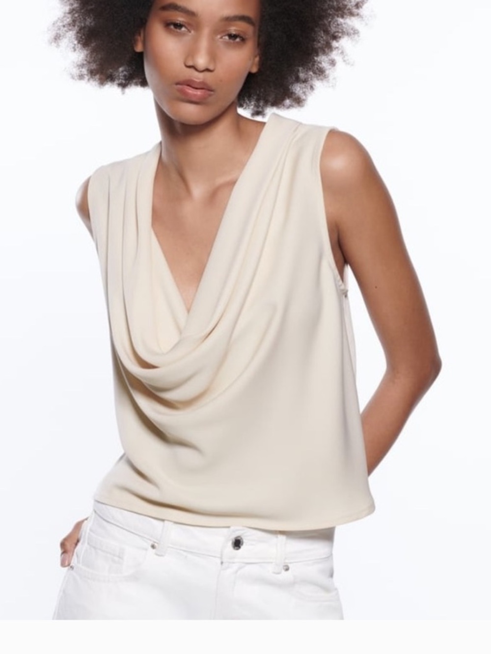 ZARA Draped Cowl Neck Sleeveless Top - Nude Creme Size S